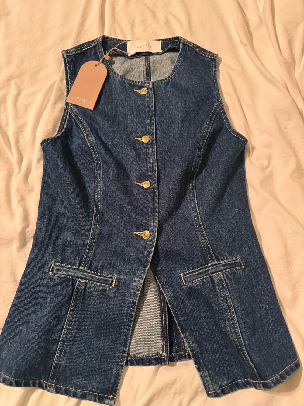MESHKI Dark Blue Denim Sleeveless Longline Vest with Gold Buttons